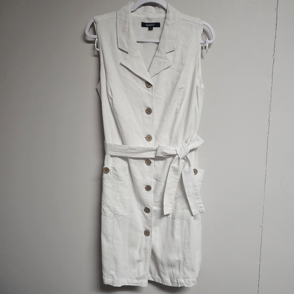 GLAMOUR White Linen Dress w Faux Wood Buttons and Pockets Resortwear Old Money - Picture 1 of 7